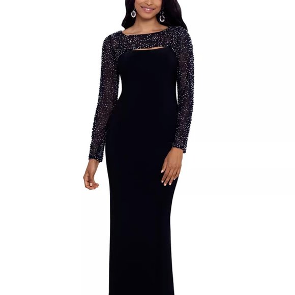BETSY & ADAM Embellished Cutout Gown Black/Silver - Picture 1 of 4